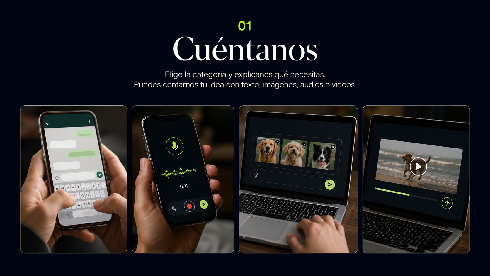 Paso 1: Cuéntanos tu idea con texto, imágenes, audios o videos